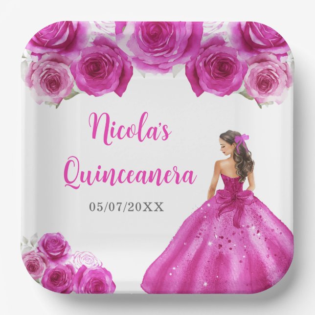 Floral Princess in Hot Pink Dress Quinceanera Paper Plate (Front)