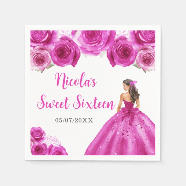 Floral Princess in Hot Pink Dress Sweet Sixteen Napkin (Front)