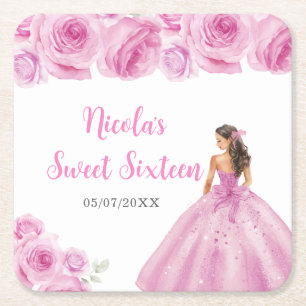 Floral Princess in Light Pink Dress Sweet Sixteen Square Paper Coaster