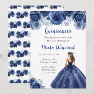 Floral Princess in Navy Blue Dress Quinceanera Invitation