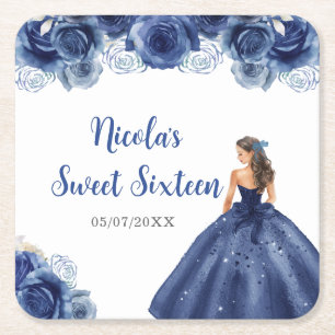 Floral Princess in Navy Blue Dress Sweet Sixteen Square Paper Coaster