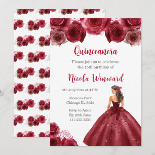 Floral Princess in Red Dress Quinceanera Invitation