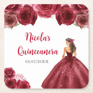 Floral Princess in Red Dress Quinceanera Square Paper Coaster