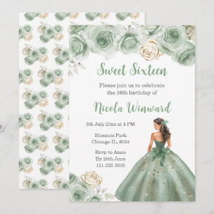 Floral Princess in Sage Green Dress Sweet Sixteen Invitation