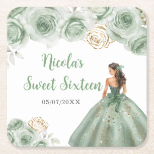 Floral Princess in Sage Green Dress Sweet Sixteen  Square Paper Coaster