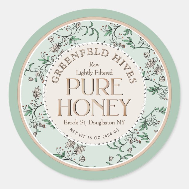 Floral Print Bees Pale Green and Blush Raw Honey   Classic Round Sticker (Front)