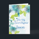 Floral Print Custom Name Birthday Card-Boyfriend C Card<br><div class="desc">Imagine this fresh floral watercolor-look printed birthday card being opened by your special boyfriend with his custom name on it. Hues of Blues & Greens on a crisp White background. Greeting printed inside. Customize her name by choosing menu at right, click on the sample name and change the text to...</div>