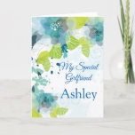 Floral Print Custom Name Birthday Card-Girlfriend  Card<br><div class="desc">Imagine this fresh floral watercolor-look printed birthday card being opened by your special girlfriend with her custom name on it. Hues of Blues & Greens on a crisp White background. Greeting printed inside. Customize her name by choosing menu at right, click on the sample name and change the text to...</div>