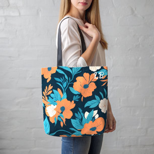 Floral print pattern tote with custom initials bag