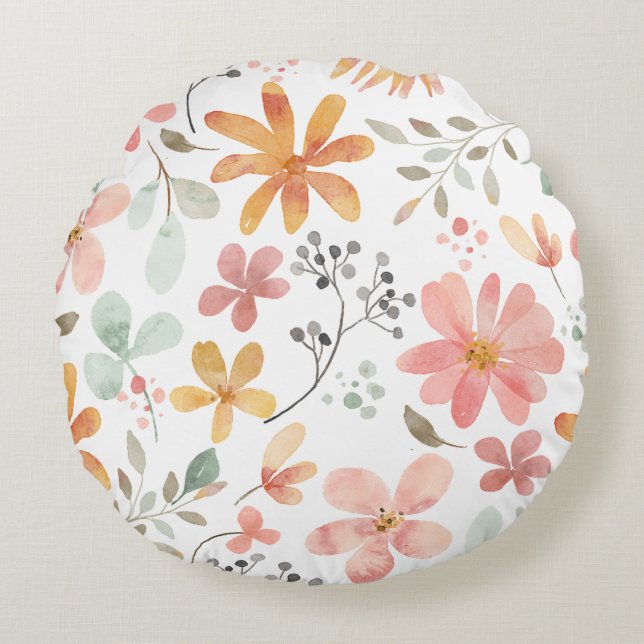 Floral Printed Throw Round Pillow (Front)