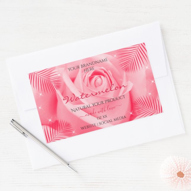 Floral Product Label Pink Rose and Red Palm Leaves (Envelope)