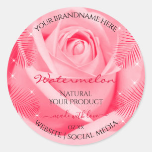 Floral Product Label Pink Rose and Red Palm Leaves
