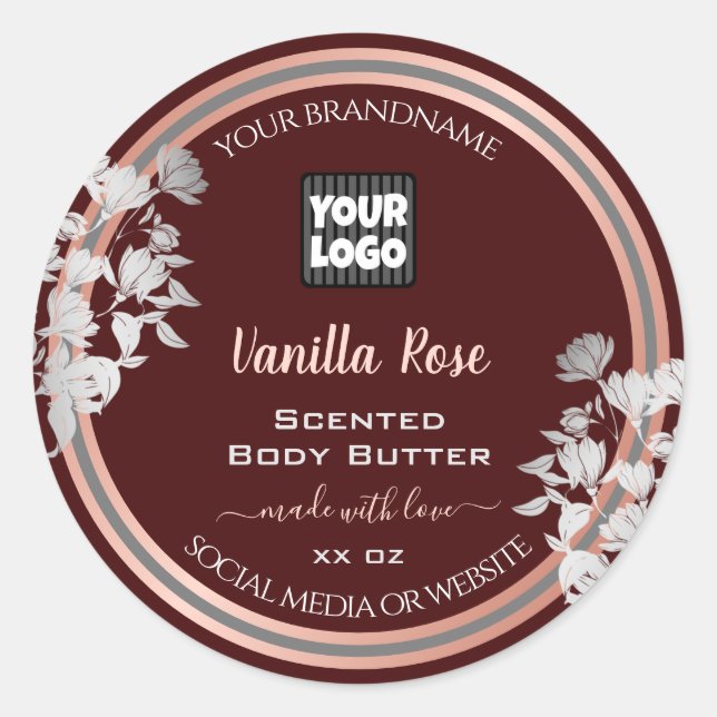 Floral Product Labels Customized Burgundy and Logo (Front)