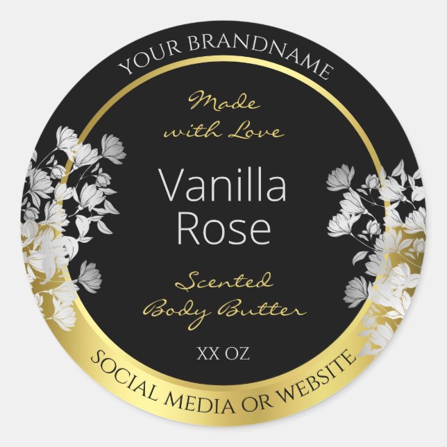 Floral Product Packaging Labels Black Gold Silver (Front)