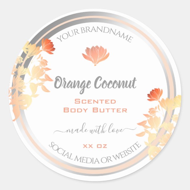 Floral Product Packaging Labels White and Orange (Front)