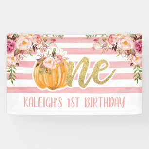 Floral Pumpkin 1st Birthday Banner - Pink Stripes