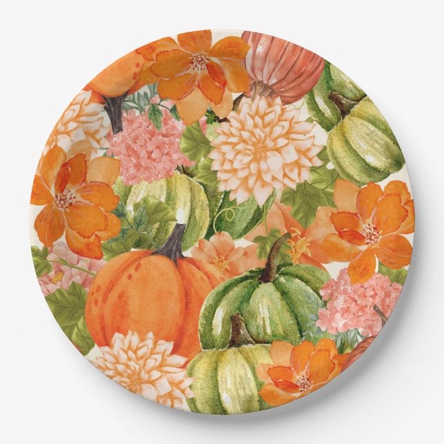 Floral Pumpkin 1st Birthday Fall  Paper Plate (Front)