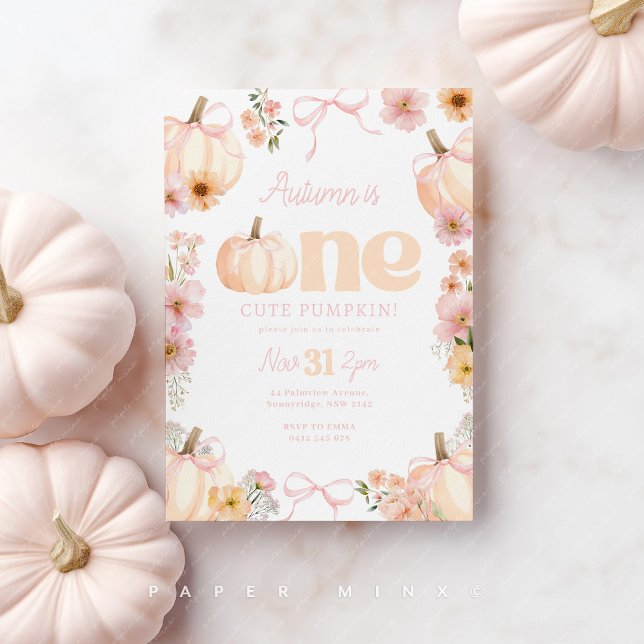 Floral pumpkin 1st Birthday Orange Pink Bow Invitation (Pink and Orange Pumpkin 1st Birthday invitation with flowers and bows.)