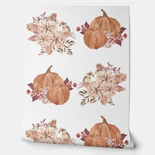 Floral Pumpkin Autumn Brown Orange Watercolor Wallpaper (Unrolling)