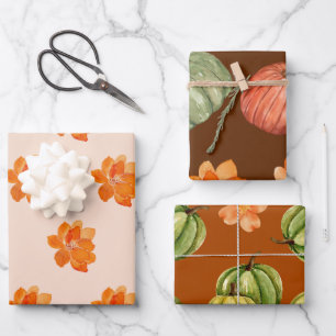 Floral Pumpkin Autumn Fall Wrapping Paper Sheet