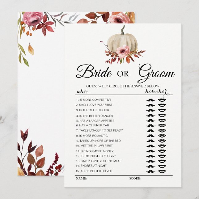 Floral pumpkin Bride or Groom game  Invitation (Front/Back)