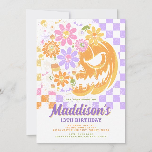 Floral Pumpkin Colourful Halloween 13th Birthday Invitation (Front)