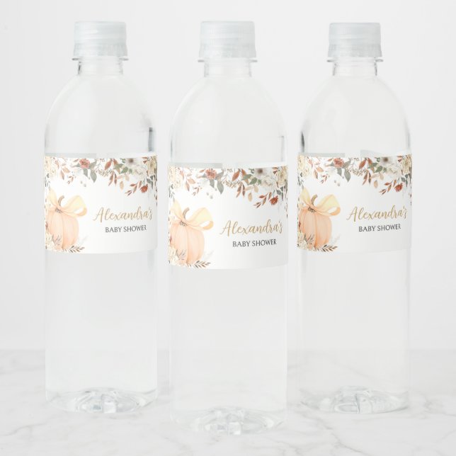 Floral Pumpkin Fall in Love Baby Shower Water Bottle Label (Bottles)