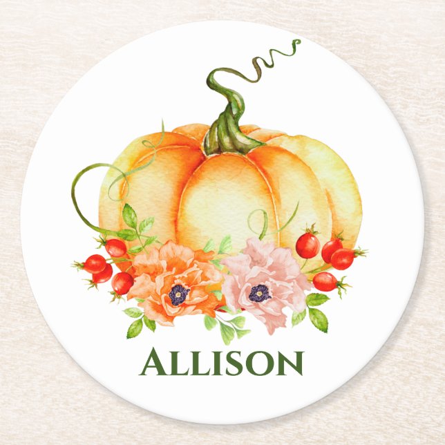Floral Pumpkin  Round Paper Coaster (Front)