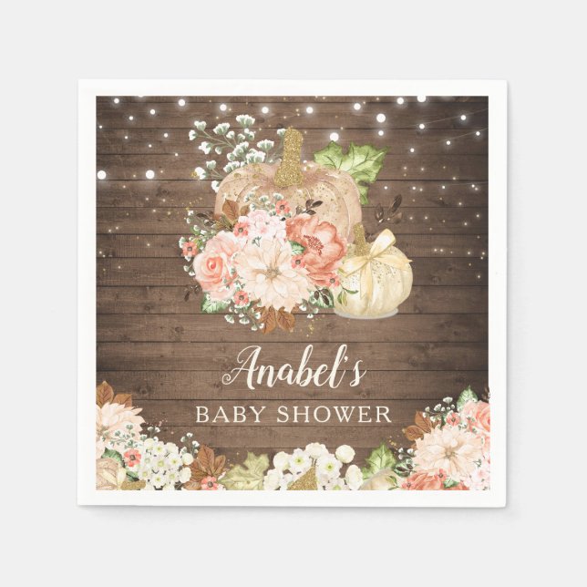 Floral Pumpkin Rustic Wood Fall Baby Shower Napkin (Front)