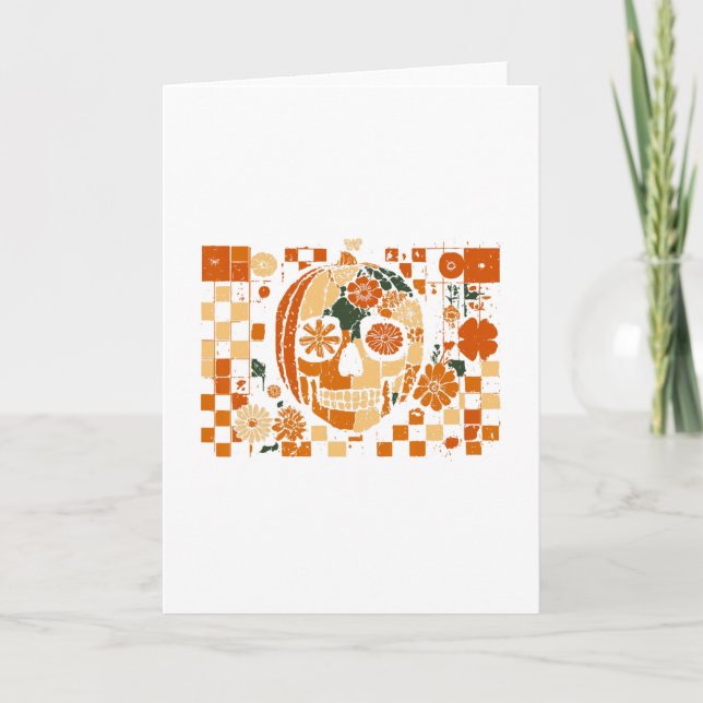 Floral Pumpkin Skull Checkered Fall Halloween Than Card (Front)