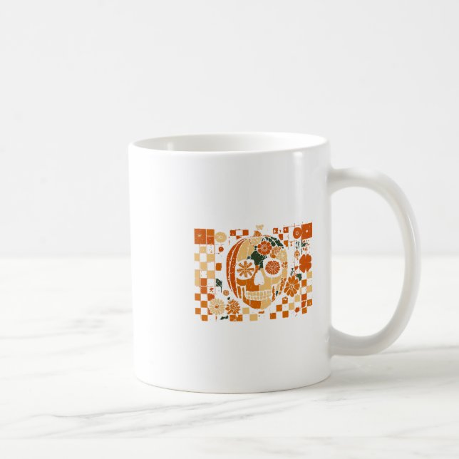 Floral Pumpkin Skull Checkered Fall Halloween Than Coffee Mug (Right)