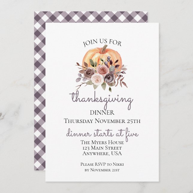 Floral Pumpkin Thanksgiving Dinner Invitation (Front/Back)