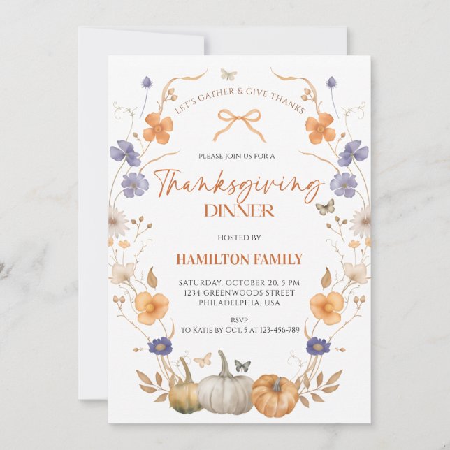 Floral Pumpkin Thanksgiving Dinner Invitation (Front)