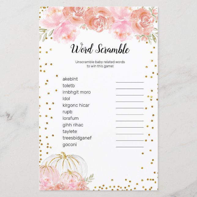 Floral Pumpkin Watercolor Word Scramble Game (Front)