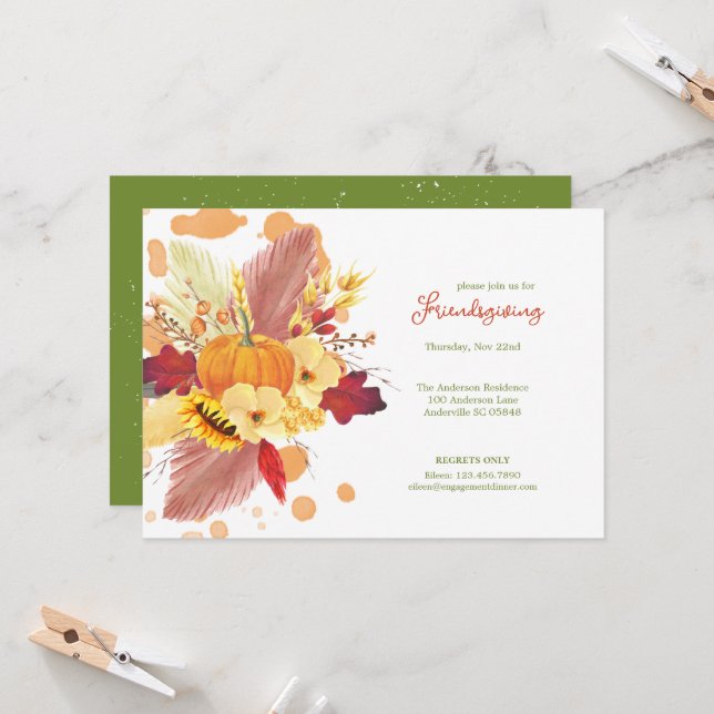 Floral Pumpkins Friendsgiving Thanksgiving Invitation (Front/Back In Situ)