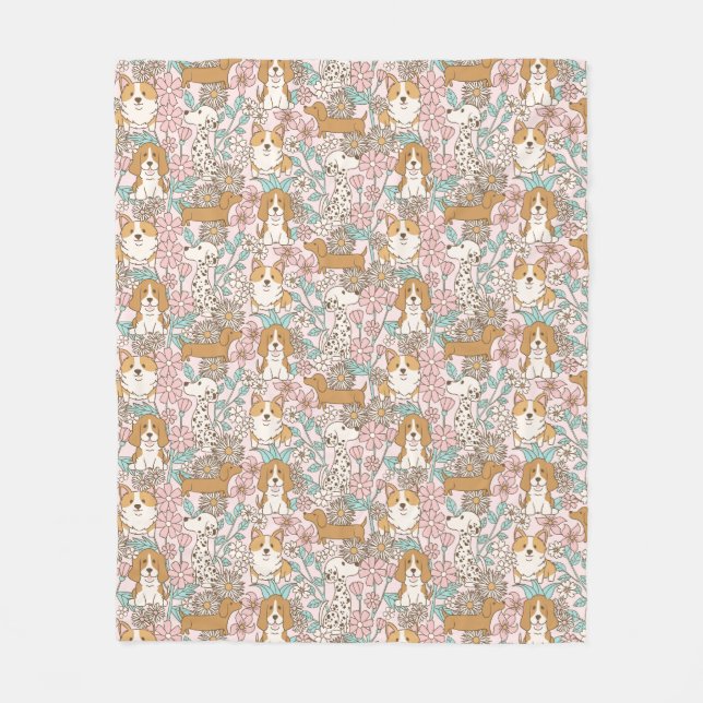 Floral Puppies Fleece Blanket (Front)