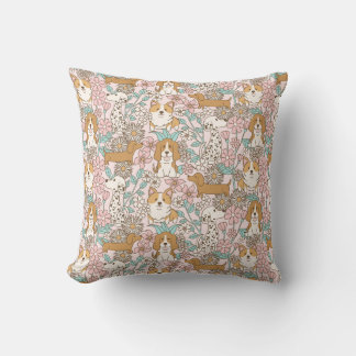 Floral Puppies Throw Pillow