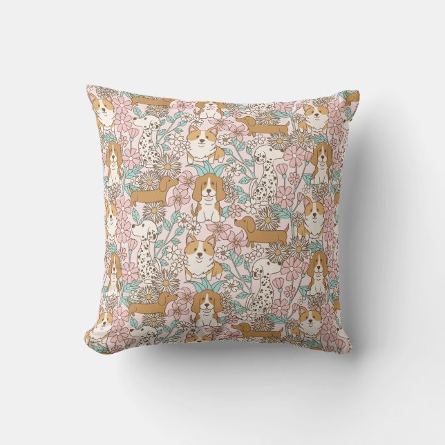 Floral Puppies Throw Pillow (Front)