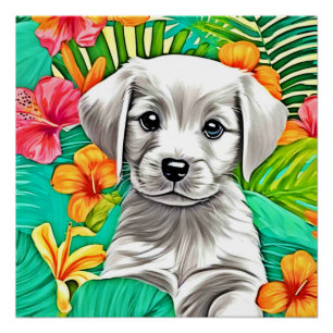 Floral Puppy Art Poster