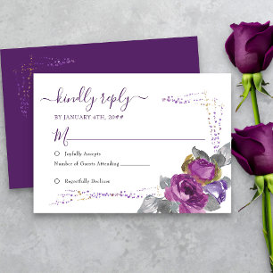 Floral Purple and Gold Confett Simple Wedding RSVP Card
