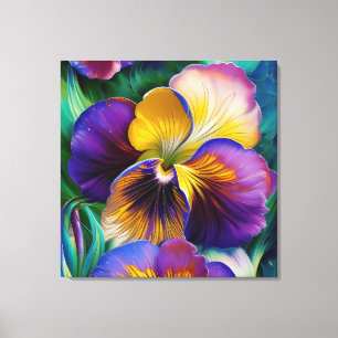 Floral Purple and gold pansy blue green leaves Canvas Print