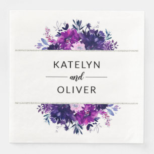 Floral Purple and Silver Frame Wedding Monogram Napkin