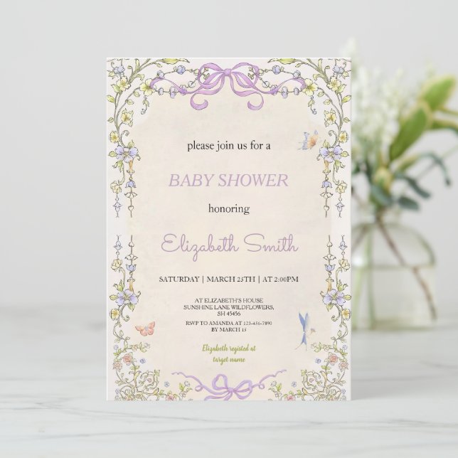 Floral purple babyshower party invitation (Debout devant)