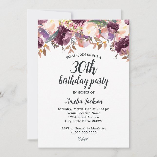 Floral Purple Bloom Watercolor 30th Birthday Party Invitation (Front)
