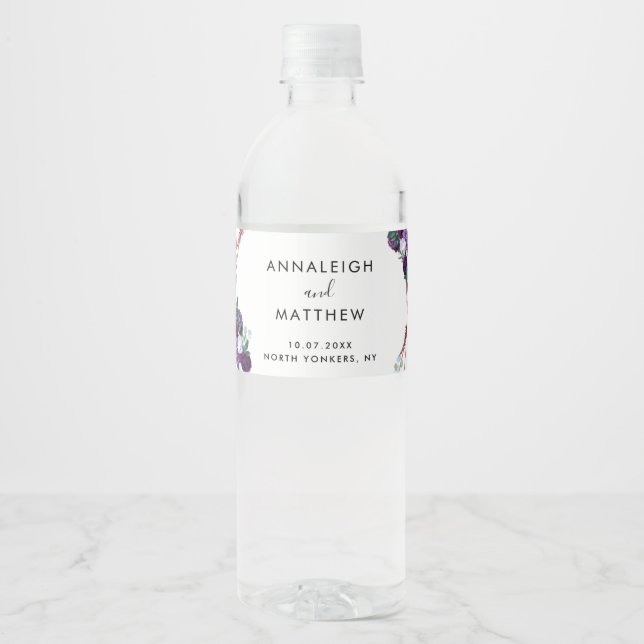Floral Purple Botanical Wedding Guests Water Bottle Label (Front)