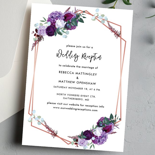 Floral Purple Botanical Wedding Reception Invitation (Purple Floral Geometric Script Wedding Reception Enclosure Card)