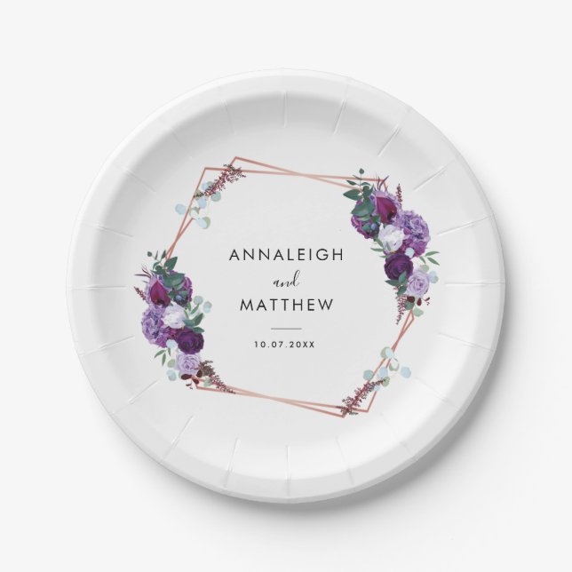 Floral Purple Botanical Wedding Reception Paper Plate (Front)