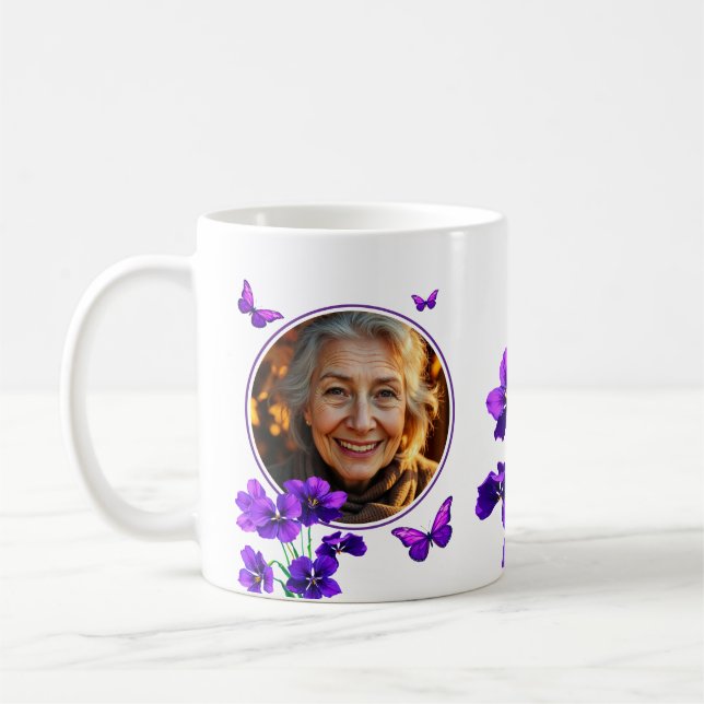 Floral Purple Butterfly Grandma Photo Coffee Mug (Left)