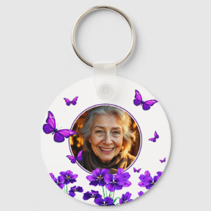 Floral Purple Butterfly Grandma Photo Keychain