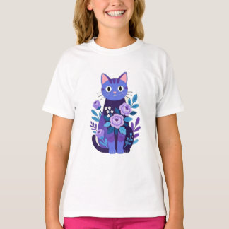 Floral Purple Cat & Roses Illustration T-Shirt